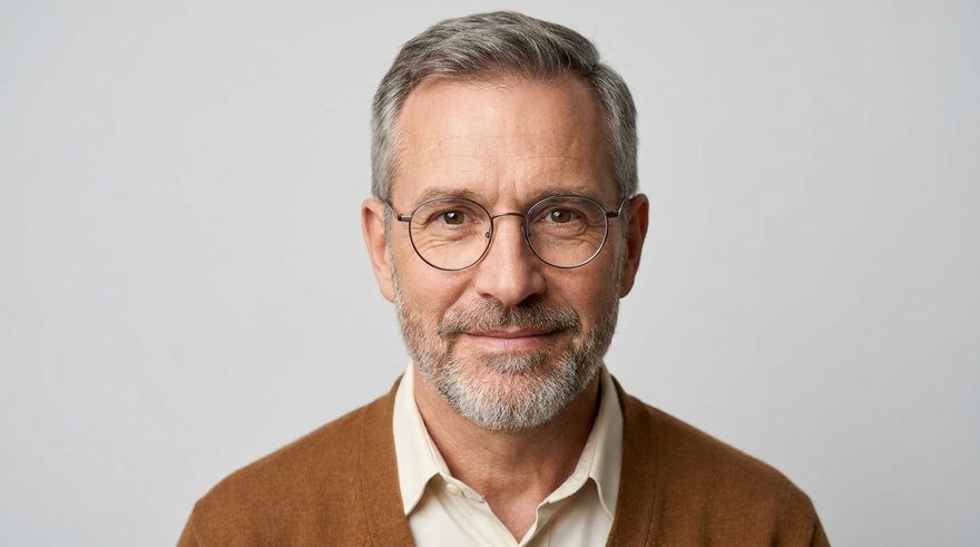 Brother Ezra, a gentle grey-haired man in round glasses and a brown cardigan, looking warmly toward the reader.