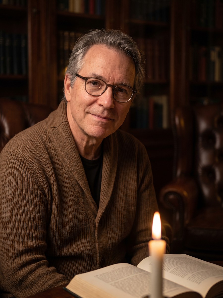 Brother Ezra in his candlelit study with an open book, round glasses and a brown cardigan.